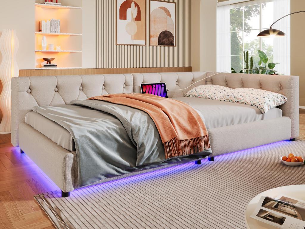 Beige Bed, 90 x 200 cm