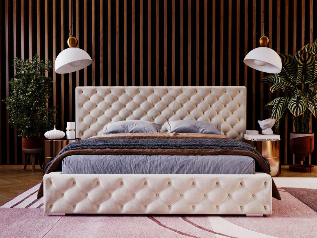 Beige Velvet Bed, 180 x 200 cm